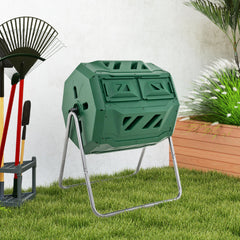 43 Gallon Rotating Compost Bin Barrel with Dual Chamber and Sliding Doors-Green