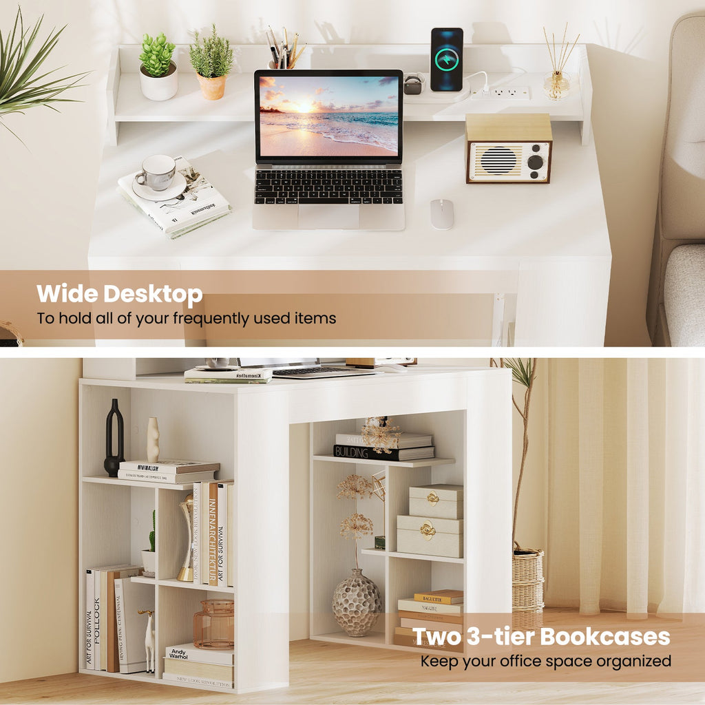 43 Inch Computer Desk with Power Outlets and 2 Bookcases-White