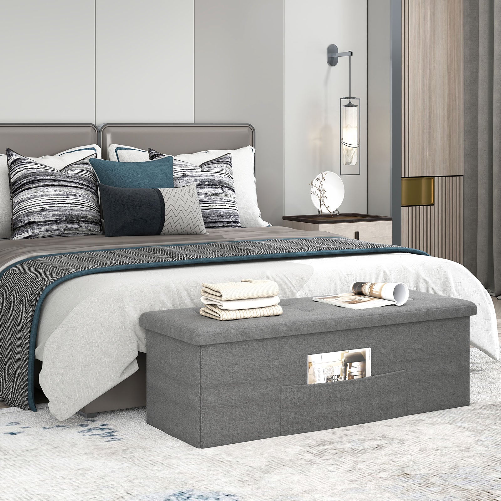43 Inches Folding Storage Ottoman Bench Linen End of Bed Bench with Padded Seat
