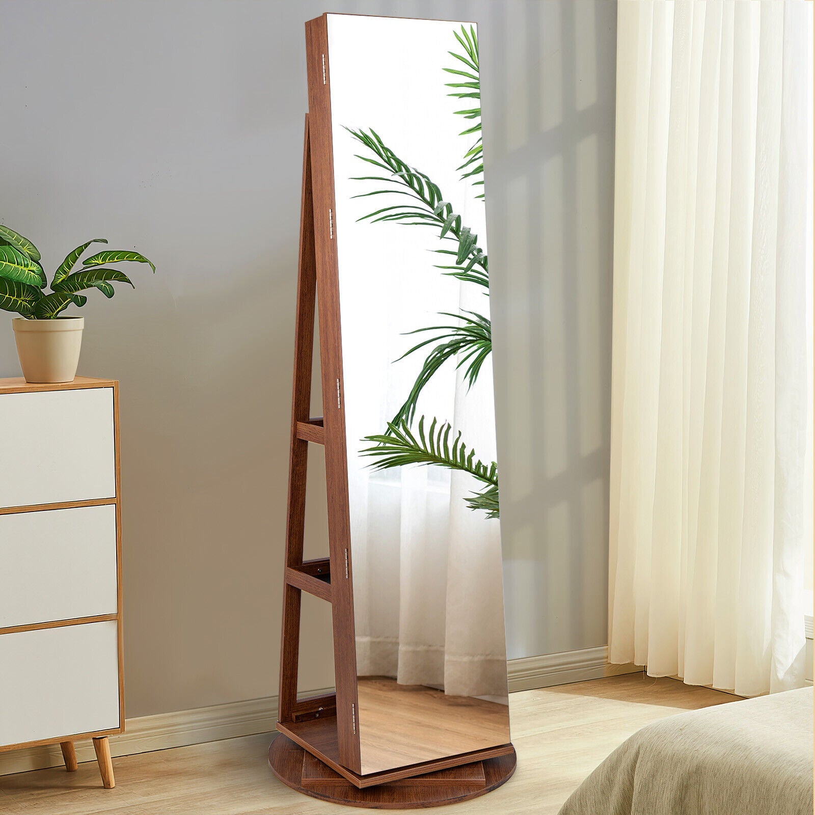 360° Rotating Mirrored Jewelry Cabinet Armoire 3 Color LED Modes Lockable-Dark Brown
