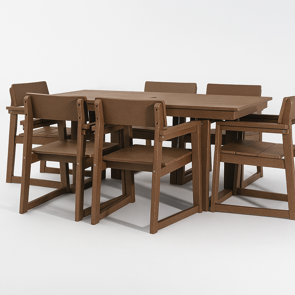 7-Piece HDPE Outdoor Dining Set for 6 – Weather-Resistant Patio Table with Umbrella Hole and 6 Armrest Chairs (Brown)