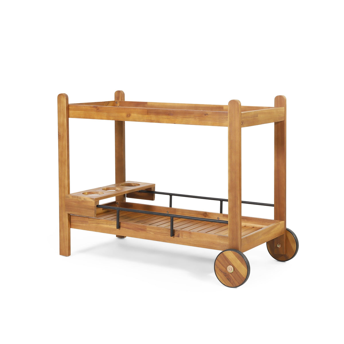 Bar Cart with Wine Bottle Holders, Acacia Wood