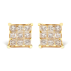 14K Yellow Gold 1 1/2 Cttw Invisible Set Princess-Cut Diamond 9 Stone Square Stud Earrings (J-K Color, SI2-I1 Clarity)