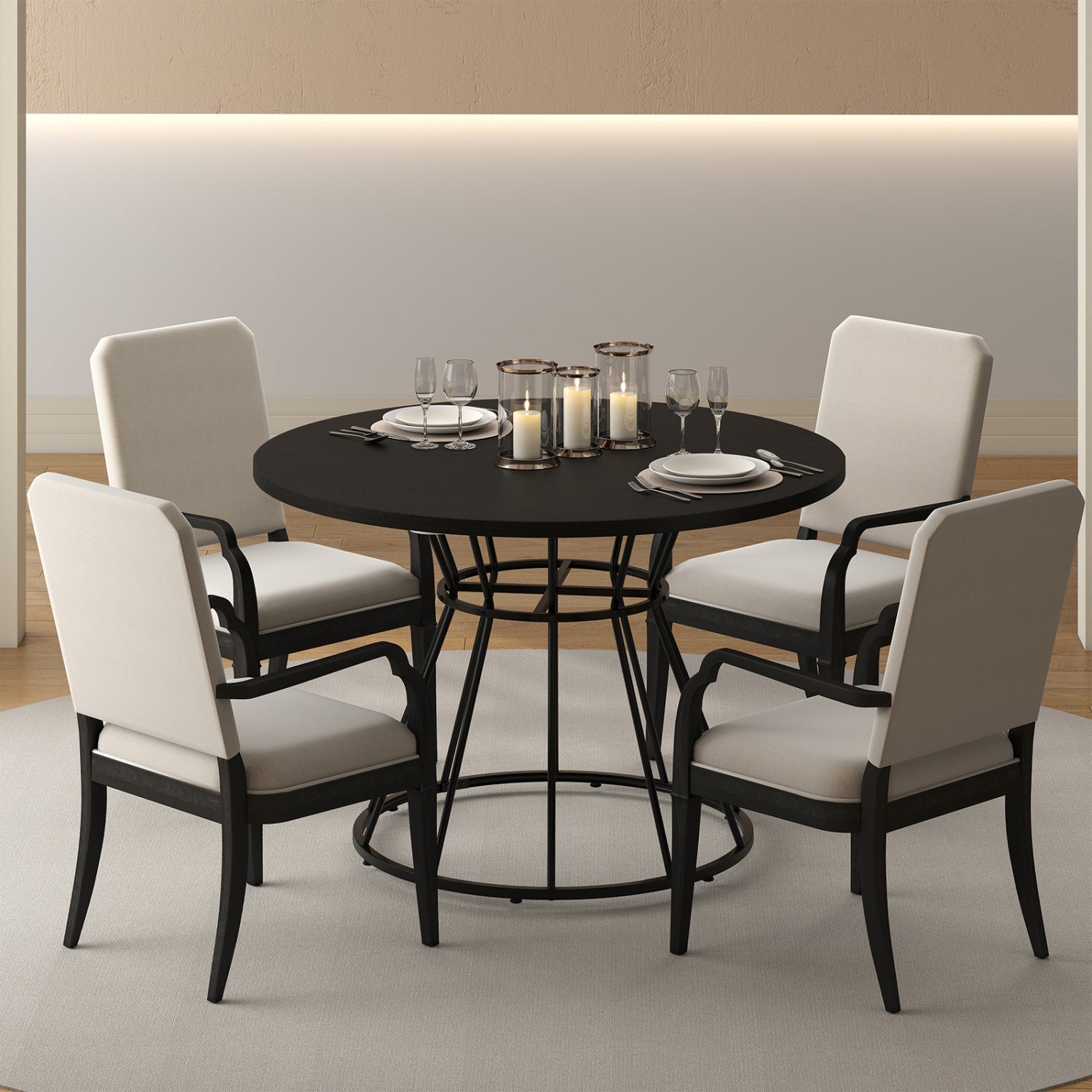 47 Inches Round Dining Table for 4 Farmhouse Kitchen Table with Wooden Tabletop