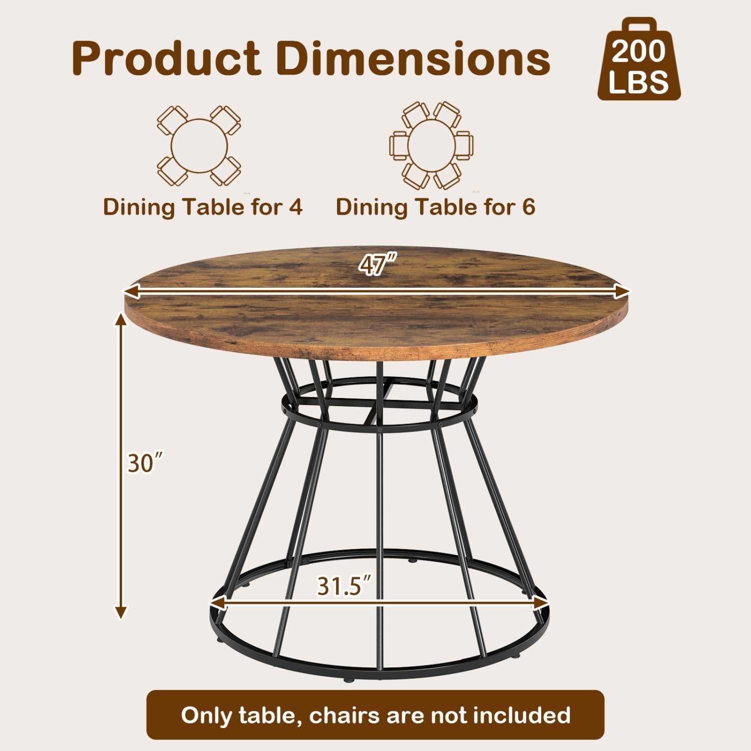 47 Inches Round Dining Table for 4 Farmhouse Kitchen Table with Wooden Tabletop