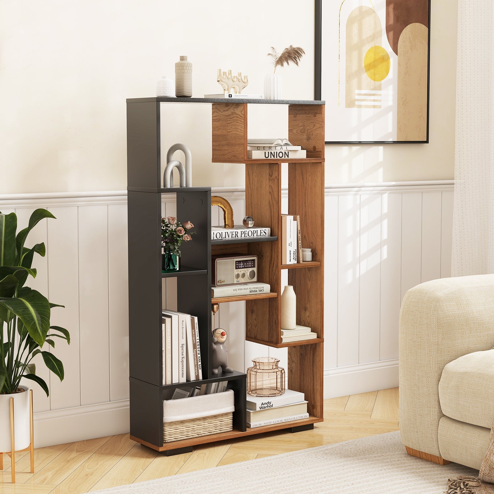 47-Inch Tall Bookshelf for Home Office Living Room-Natural & Black