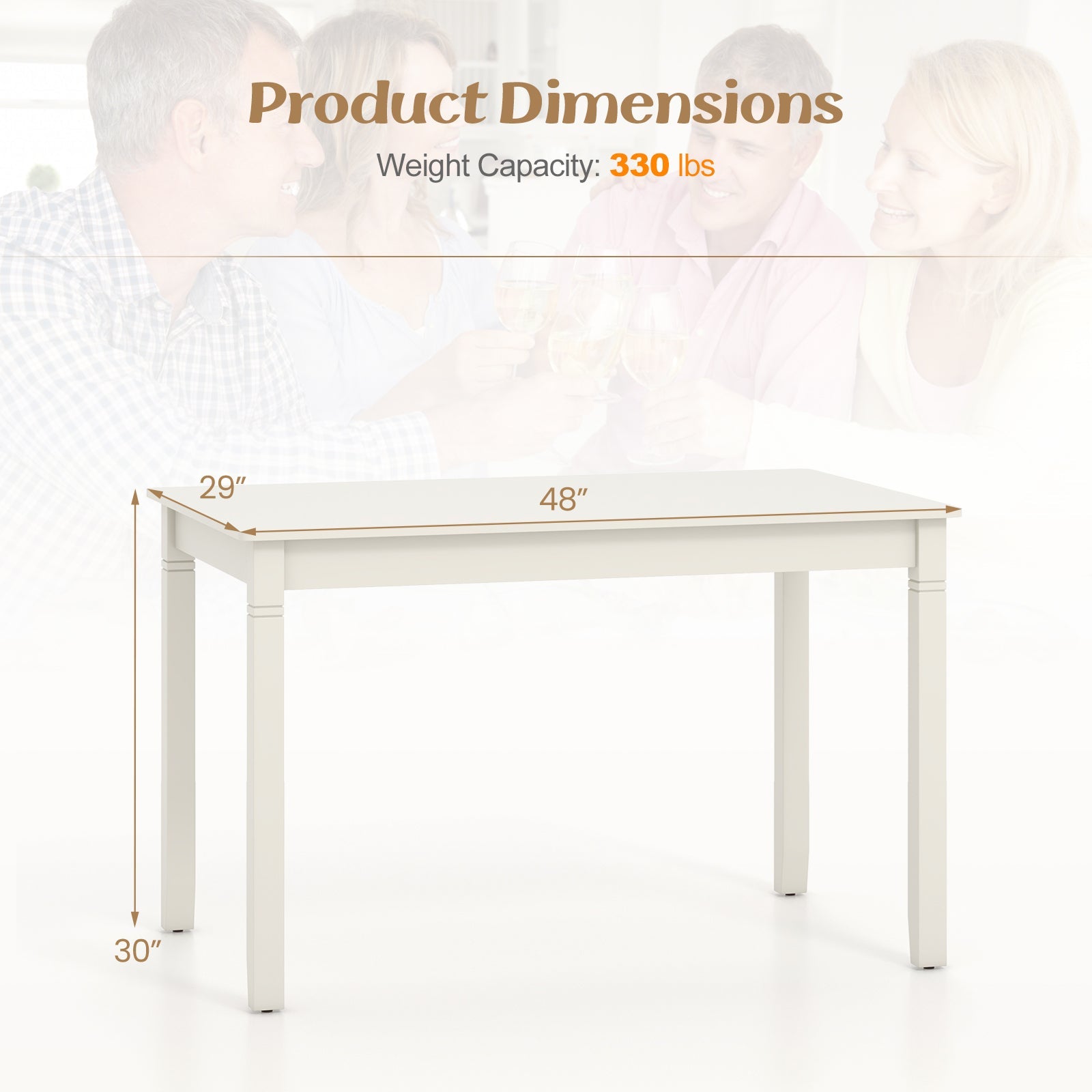 48-Inch Wooden Dining Table for 4 People Rectangular Kitchen Table with Rubber Wood Legs-Cream White