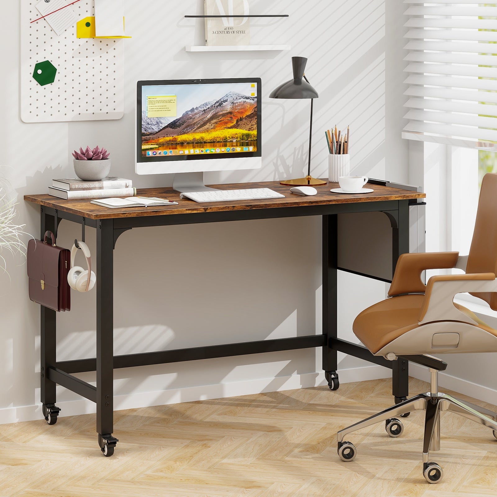 Rolling Home Office Computer Desk with Detachable Fabric Bag-Rustic Brown