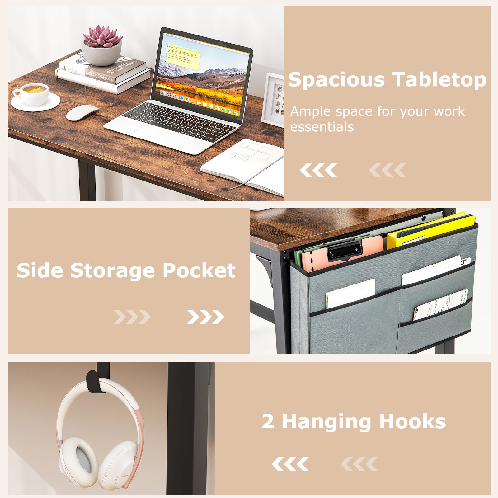 Rolling Home Office Computer Desk with Detachable Fabric Bag-Rustic Brown