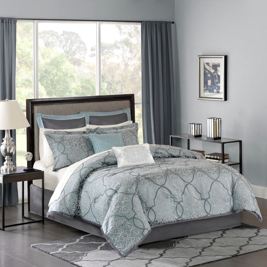 12 Piece Comforter Set with Cotton Bed Sheets Blue King