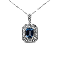 .925 Sterling Silver Blue Topaz and Diamond Accent Art Deco Style 18" Pendant Necklace (I-J Color, I1-I2 Clarity)