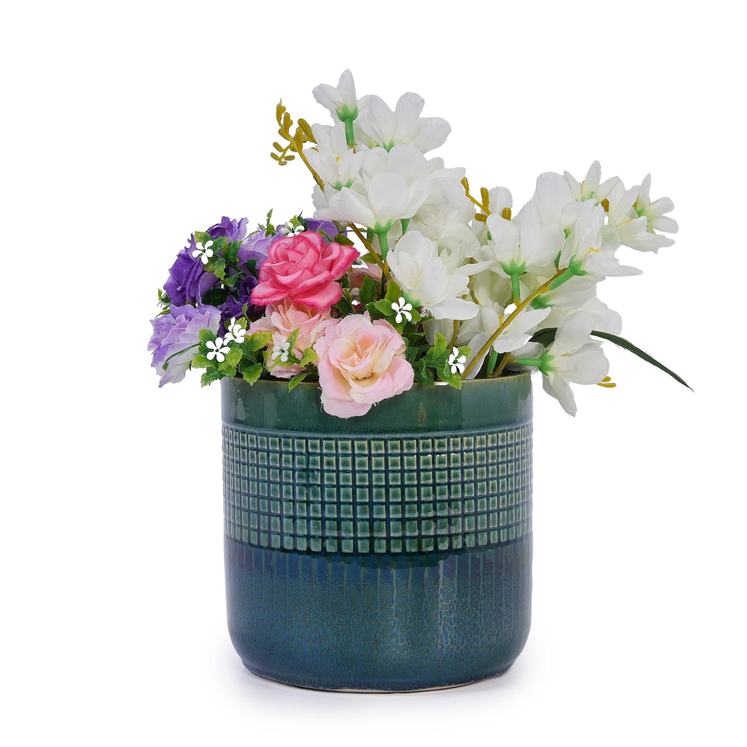 Set of 3 Grid Ceramic Flowerpot, Modern Planter for Patio, Garden, Windowsill - Blue Green