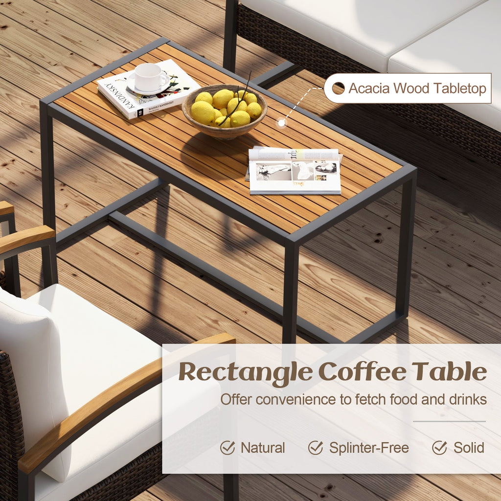 4 Pieces Patio Conversation Set with Acacia Wood Armrests and Tabletop and Cushions-White