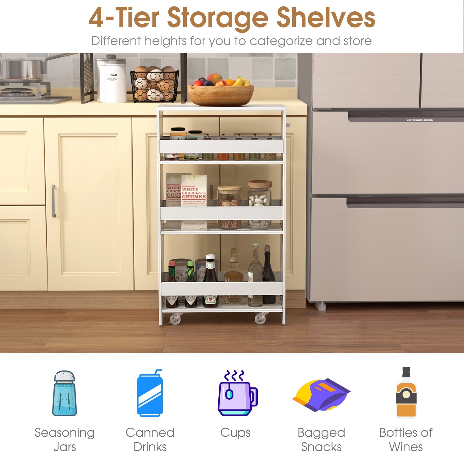 4-Tier Rolling Storage Cart Slim Kitchen Cart on Wheels with Open Shelves and Handle-White