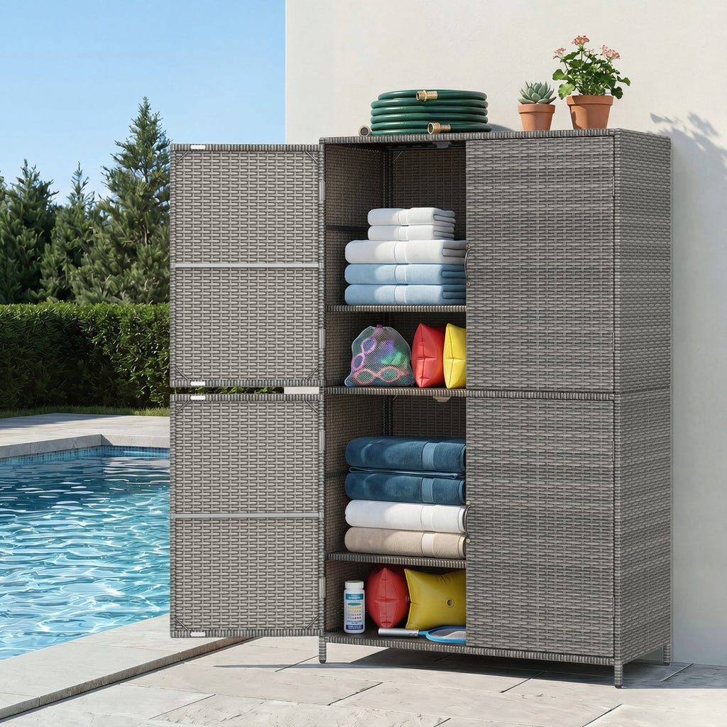 Rattan Vertical Storage Shed with Adjustable Shelves