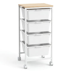 4-Drawer Rolling Storage Cart Mobile Utility Organizer with Wooden Tabletop and Lockable Wheels-White