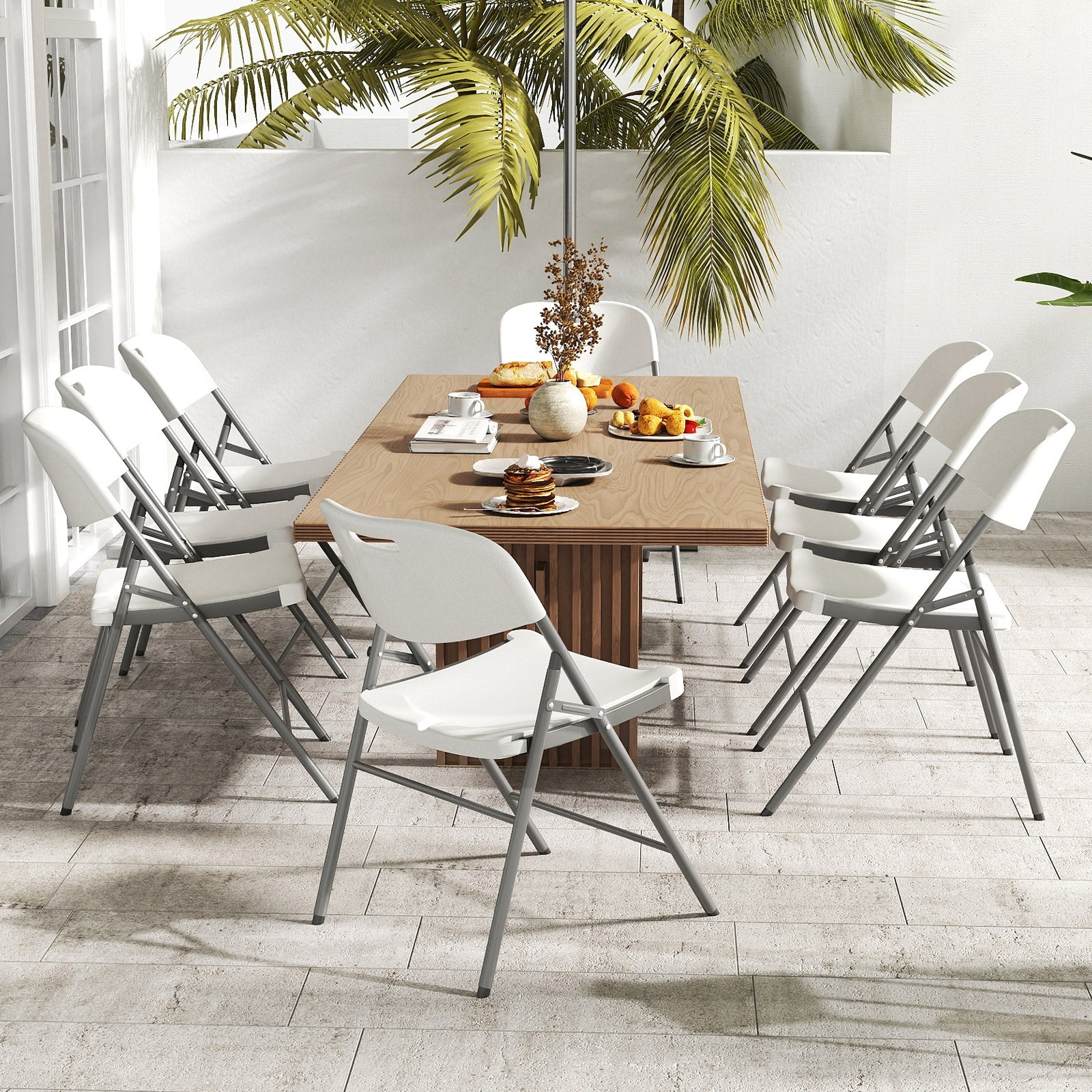 4 Pack Folding Stackable Chairs with Metal Frame and Carrying Handle-White