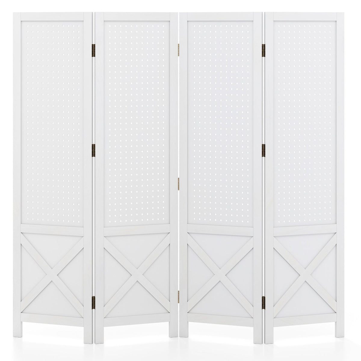 4-Panel Pegboard Display Stand Folding Room Divider with Solid Wood Frame-White