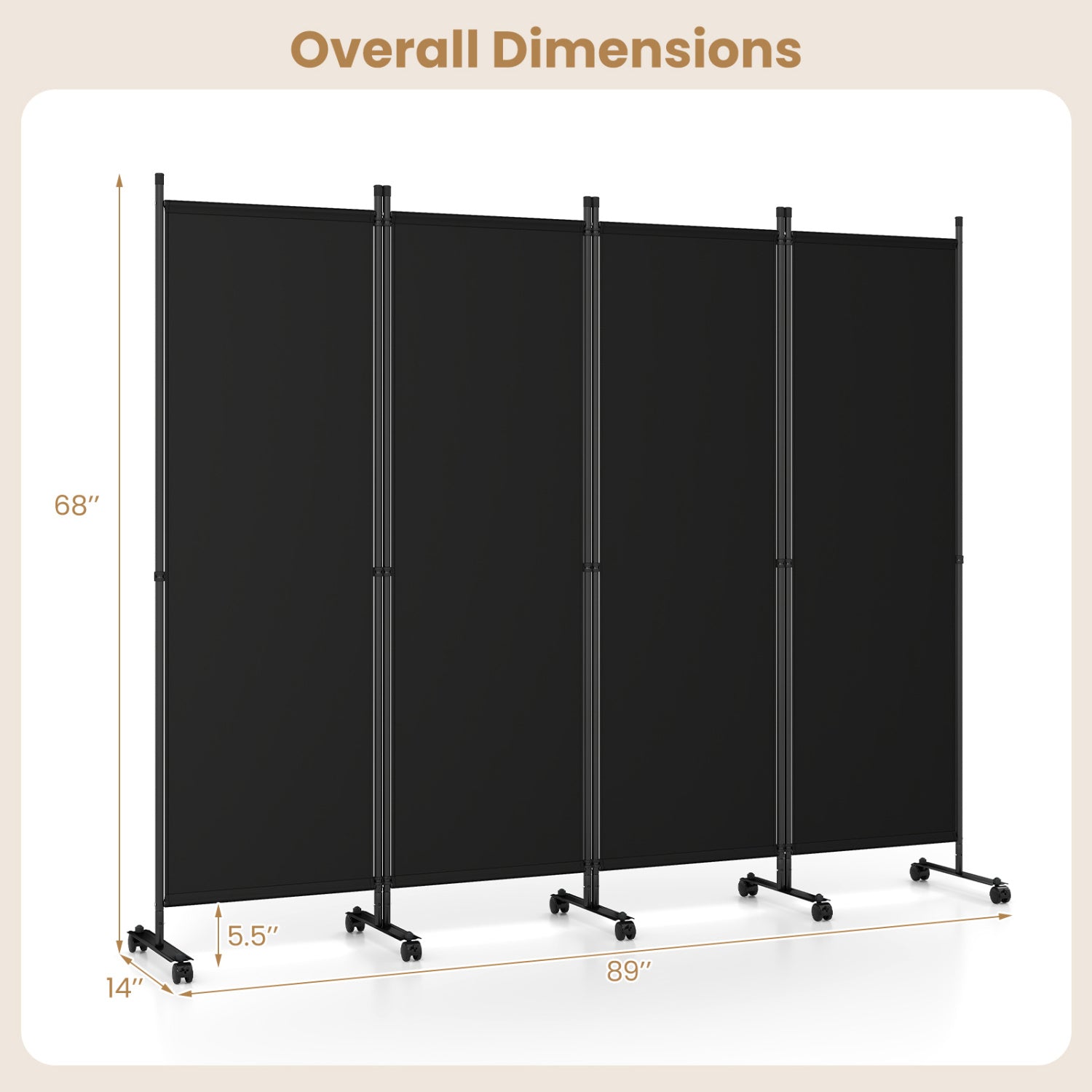 4-Panel Room Divider with Lockable Wheels - 87" x 68"