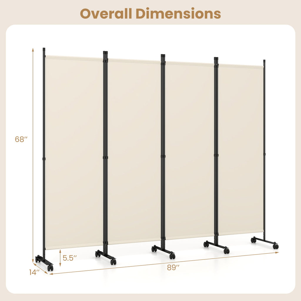 4-Panel Room Divider with Lockable Wheels - 87" x 68"