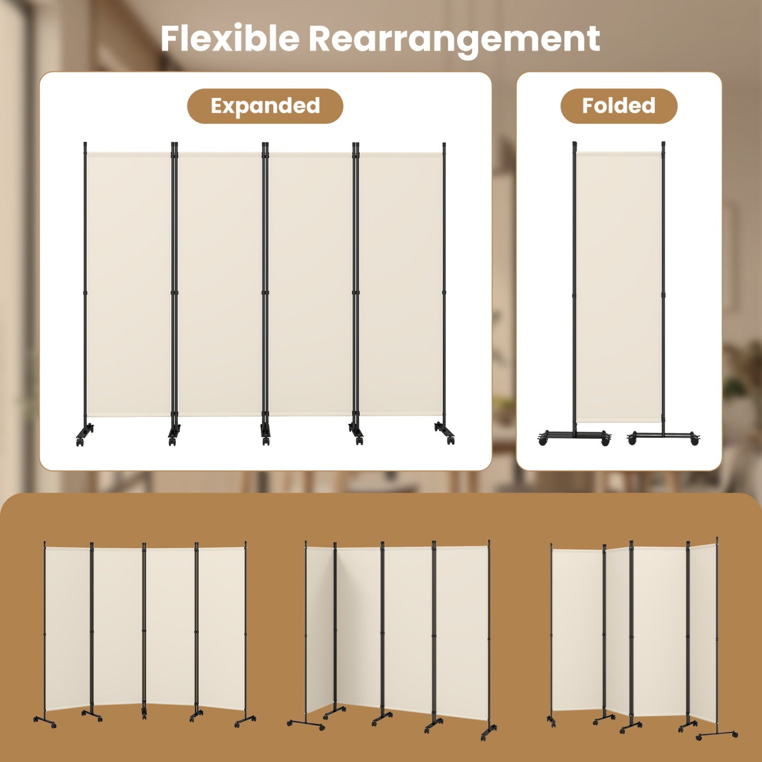 4-Panel Room Divider with Lockable Wheels - 87" x 68"