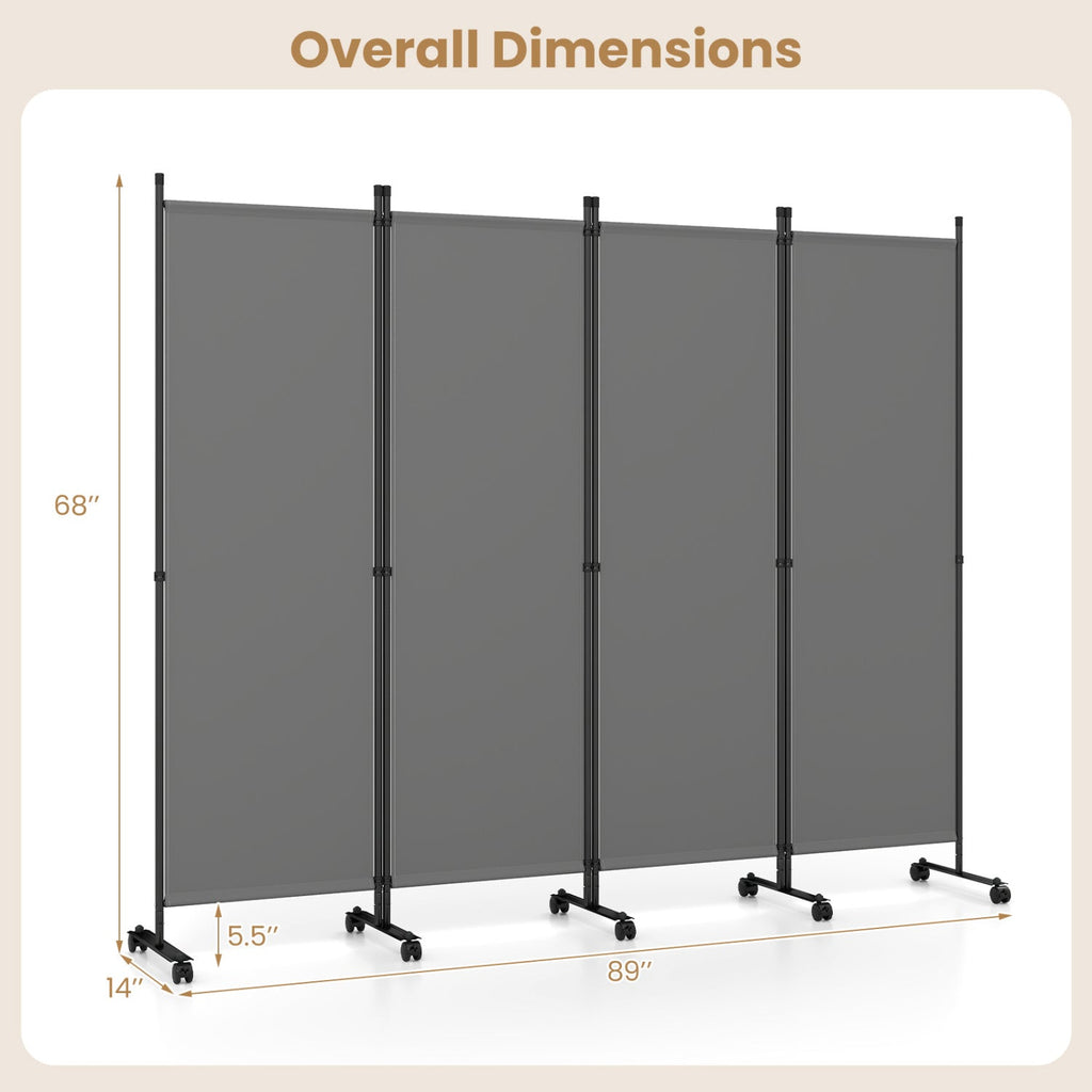 4-Panel Room Divider with Lockable Wheels - 87" x 68"