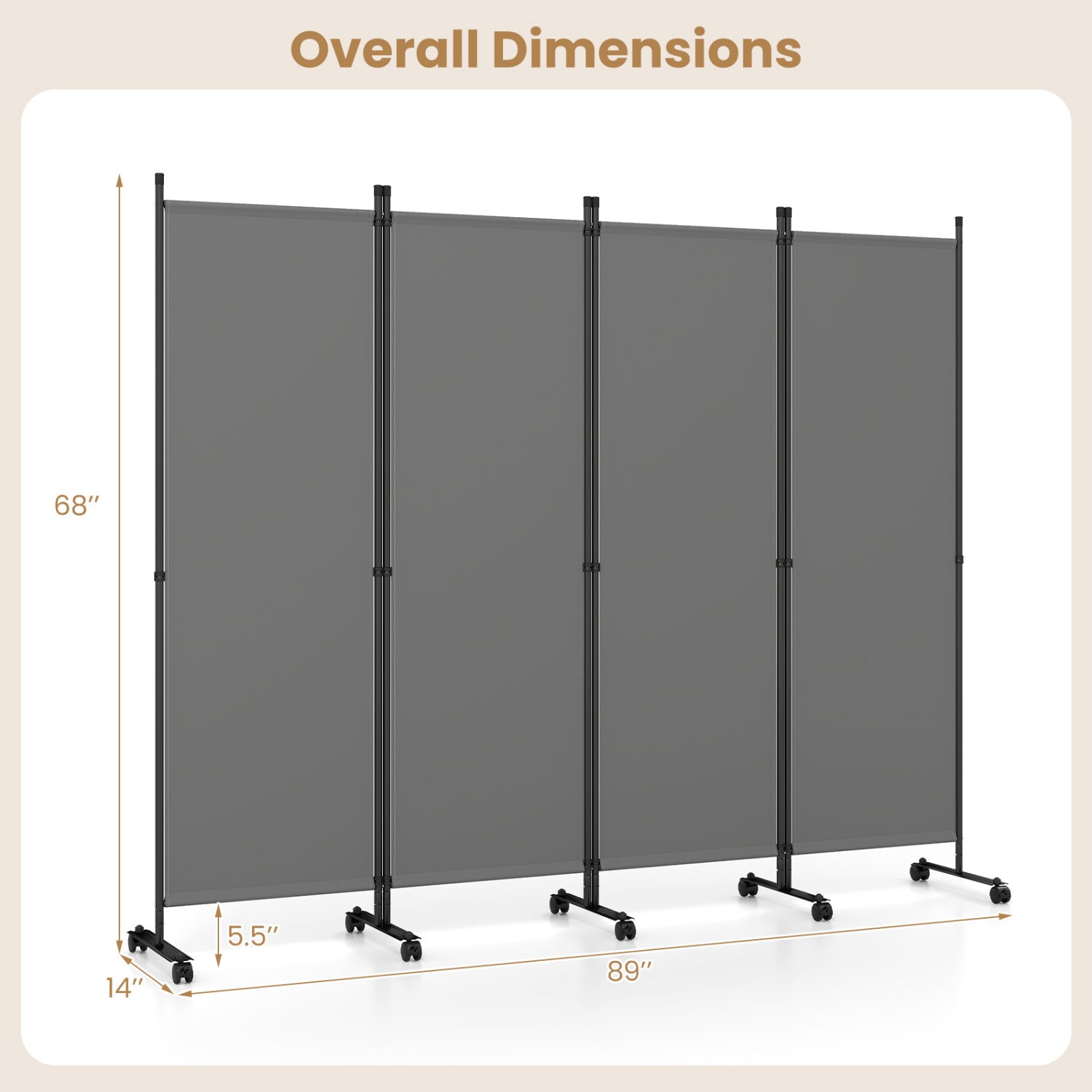 4-Panel Room Divider with Lockable Wheels - 87" x 68"