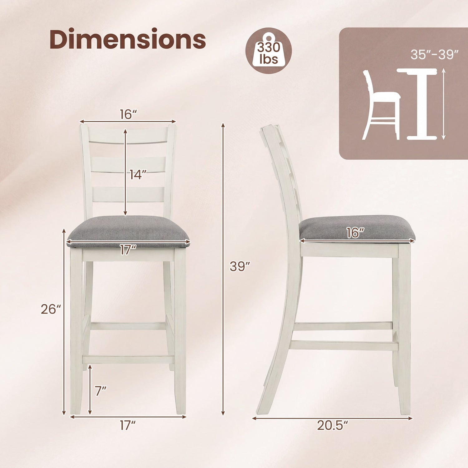 4 Pieces Counter Height Chairs with Fabric Seat and Rubber Wood Legs