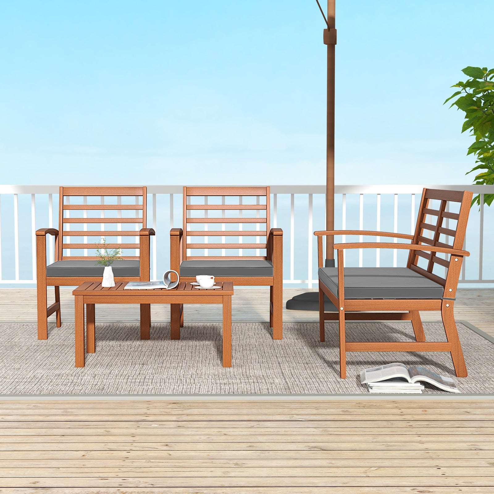 4 Pieces Outdoor Furniture Set with Stable Acacia Wood Frame-Gray