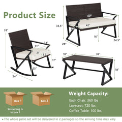 4 Pieces Rattan Patio Rocking Furniture Set with Loveseat and Coffee Table