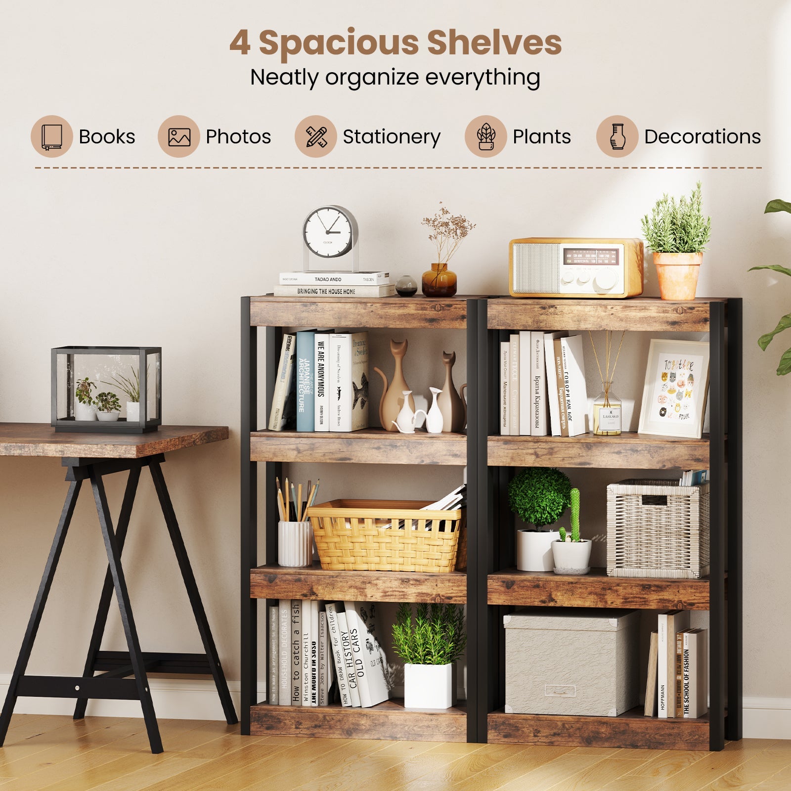 4 Tier Bookshelf Wooden Bookcase with Dual Anti-Tipping Kits-Rustic Brown
