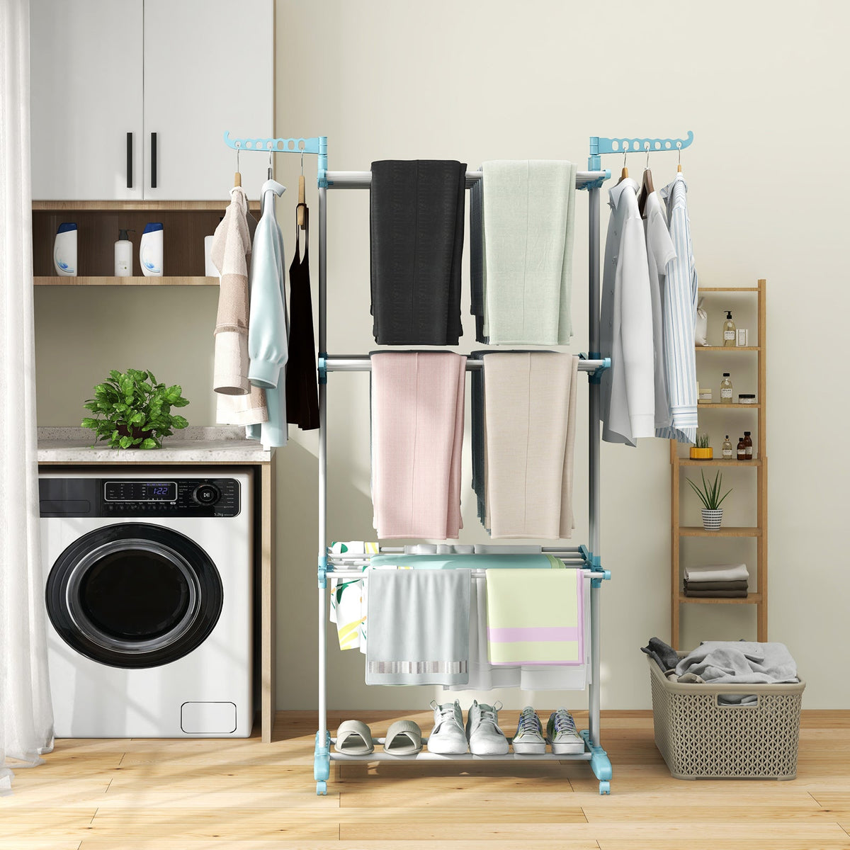 4-tier Clothes Drying Rack with Rotatable Side Wings and Collapsible Shelves-Navy