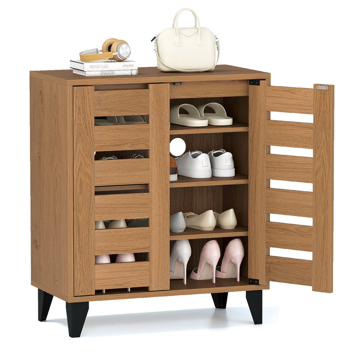4-Tier Farmhouse Shoe Organizer with Louvered Door
