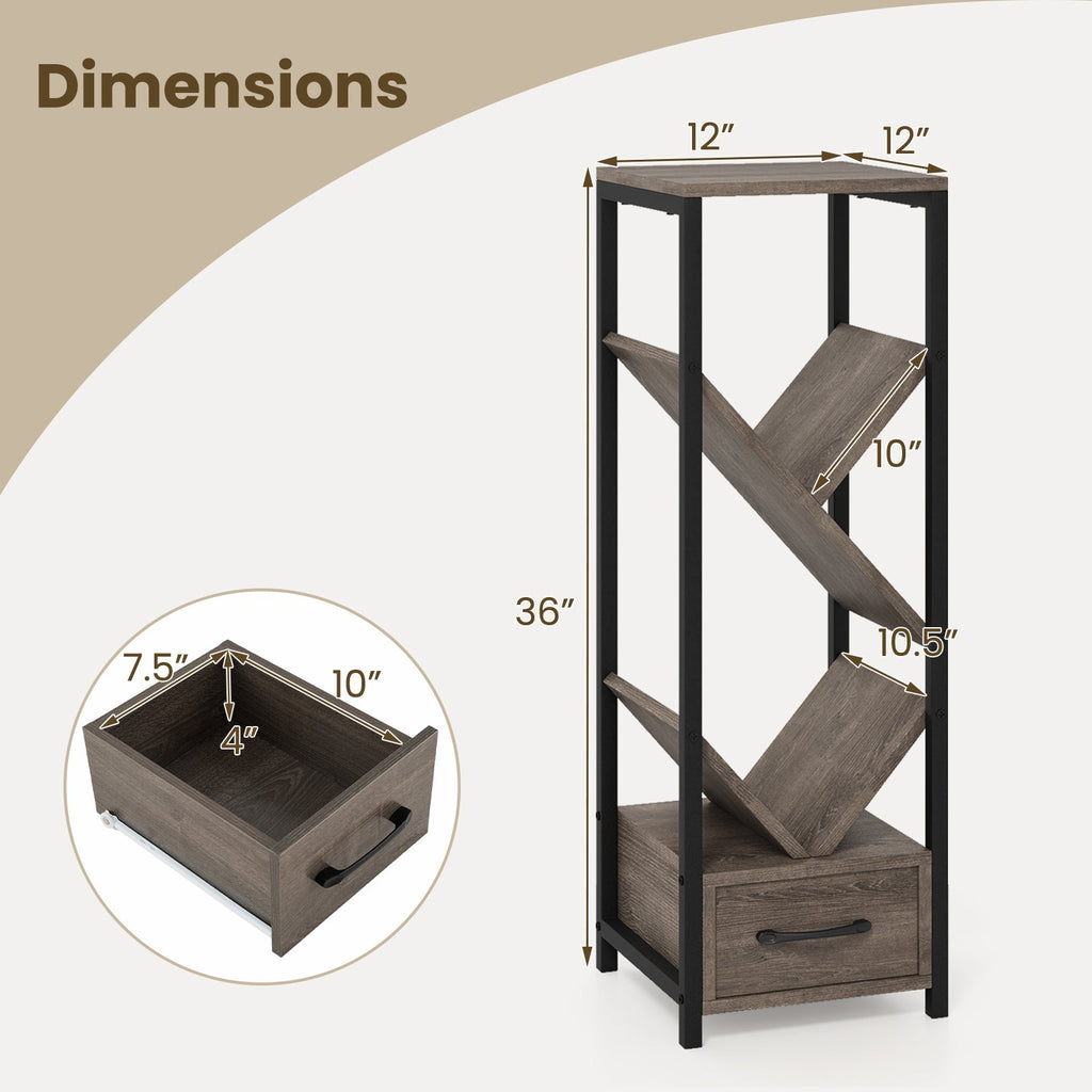 4 Tier Floor Tree Bookshelf with Drawer and Metal Frame-Gray