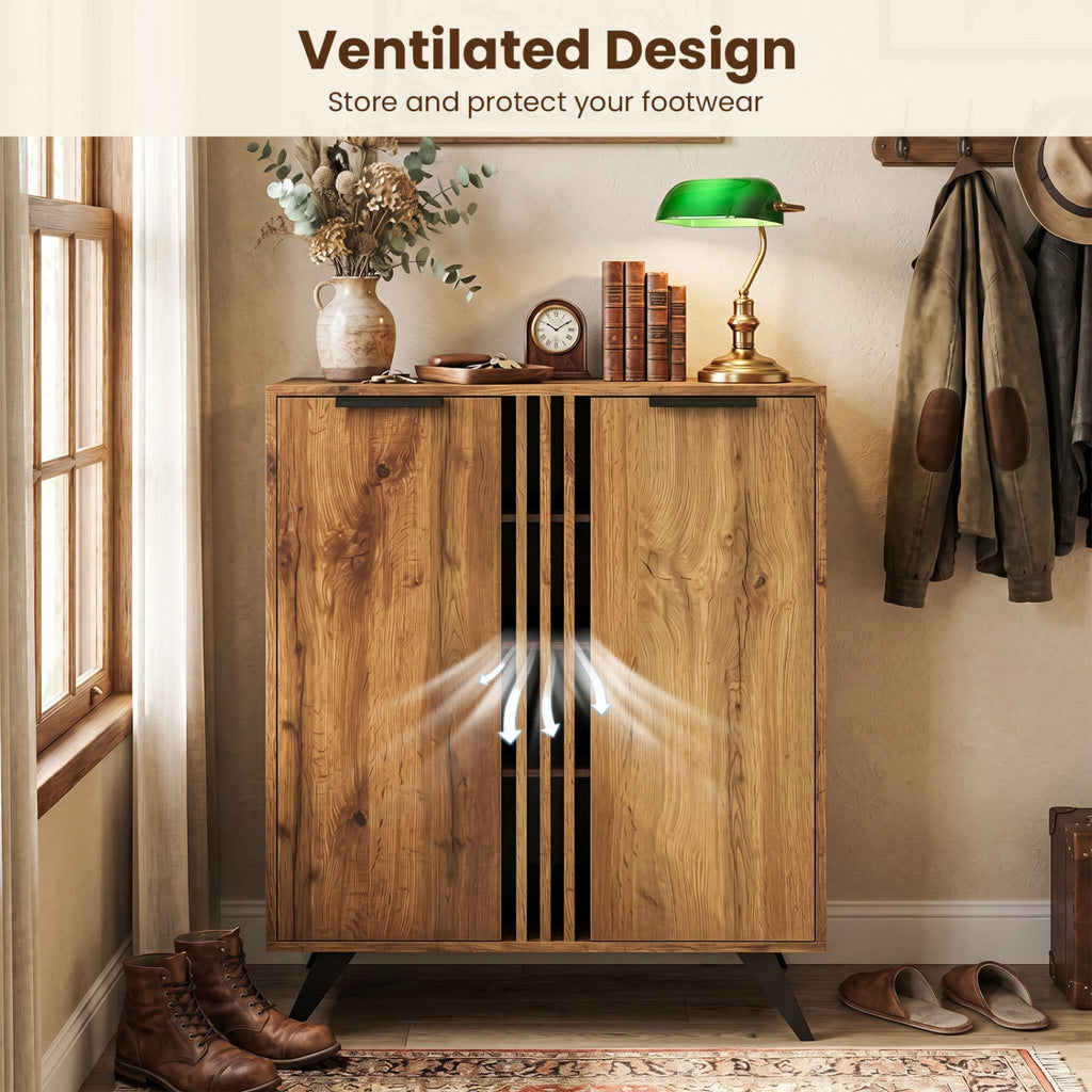 4-Tier Shoe Cabinet with 2 Doors - Natural Wood Finish