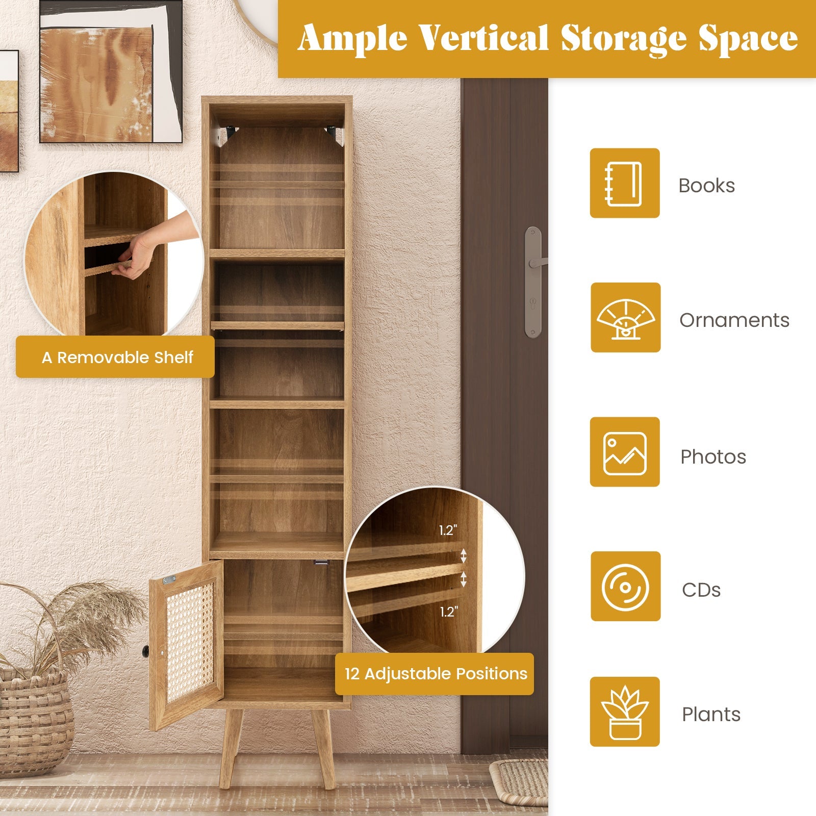 4 Tiers Rattan Storage Cabinet with Slim Design-Natural