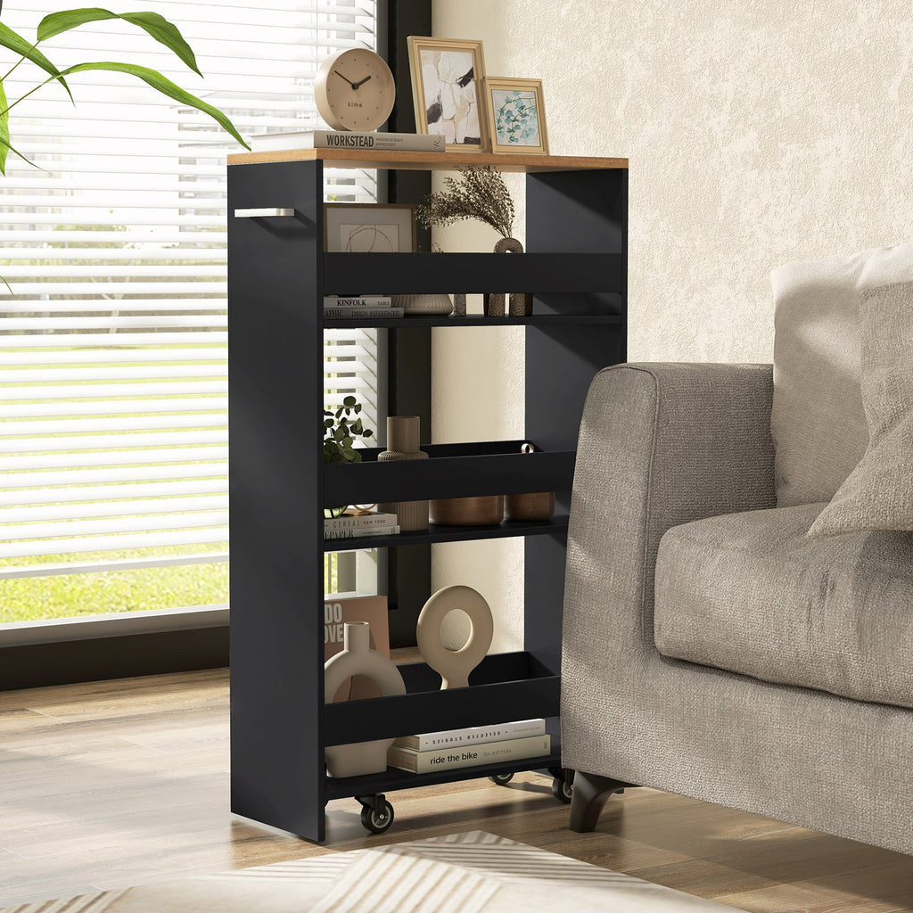 4-Tier Rolling Storage Cart Slim Kitchen Cart on Wheels with Open Shelves and Handle-Black