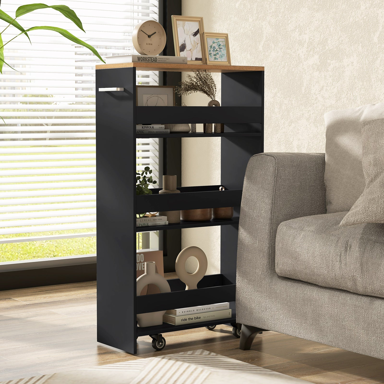 4-Tier Rolling Storage Cart Slim Kitchen Cart on Wheels with Open Shelves and Handle-Black