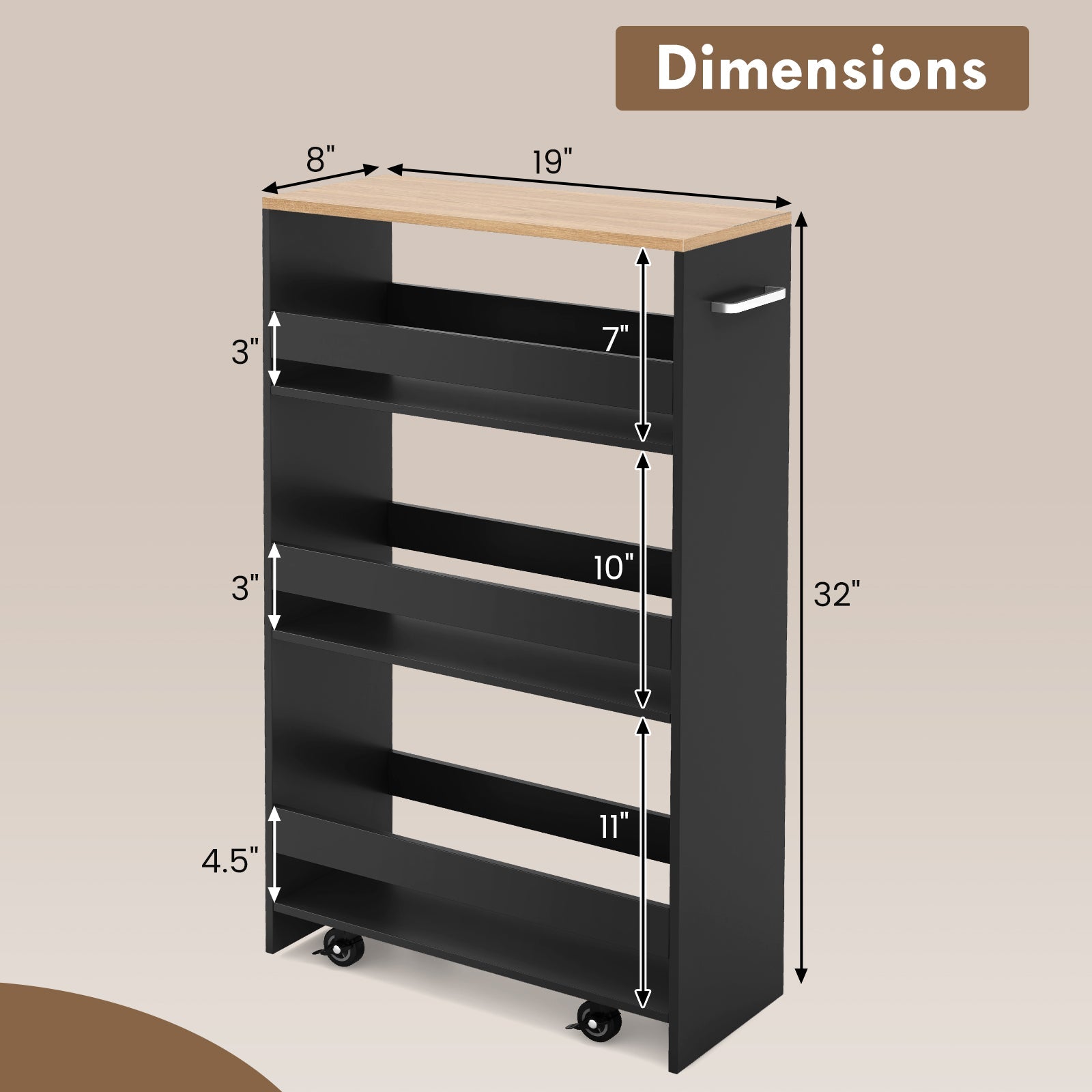 4-Tier Rolling Storage Cart Slim Kitchen Cart on Wheels with Open Shelves and Handle-Black