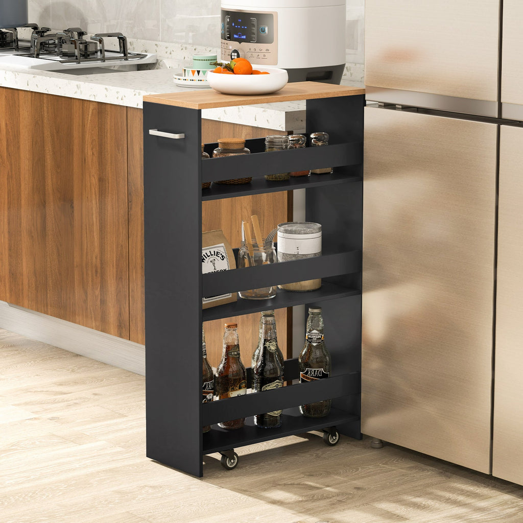 4-Tier Rolling Storage Cart Slim Kitchen Cart on Wheels with Open Shelves and Handle-Black