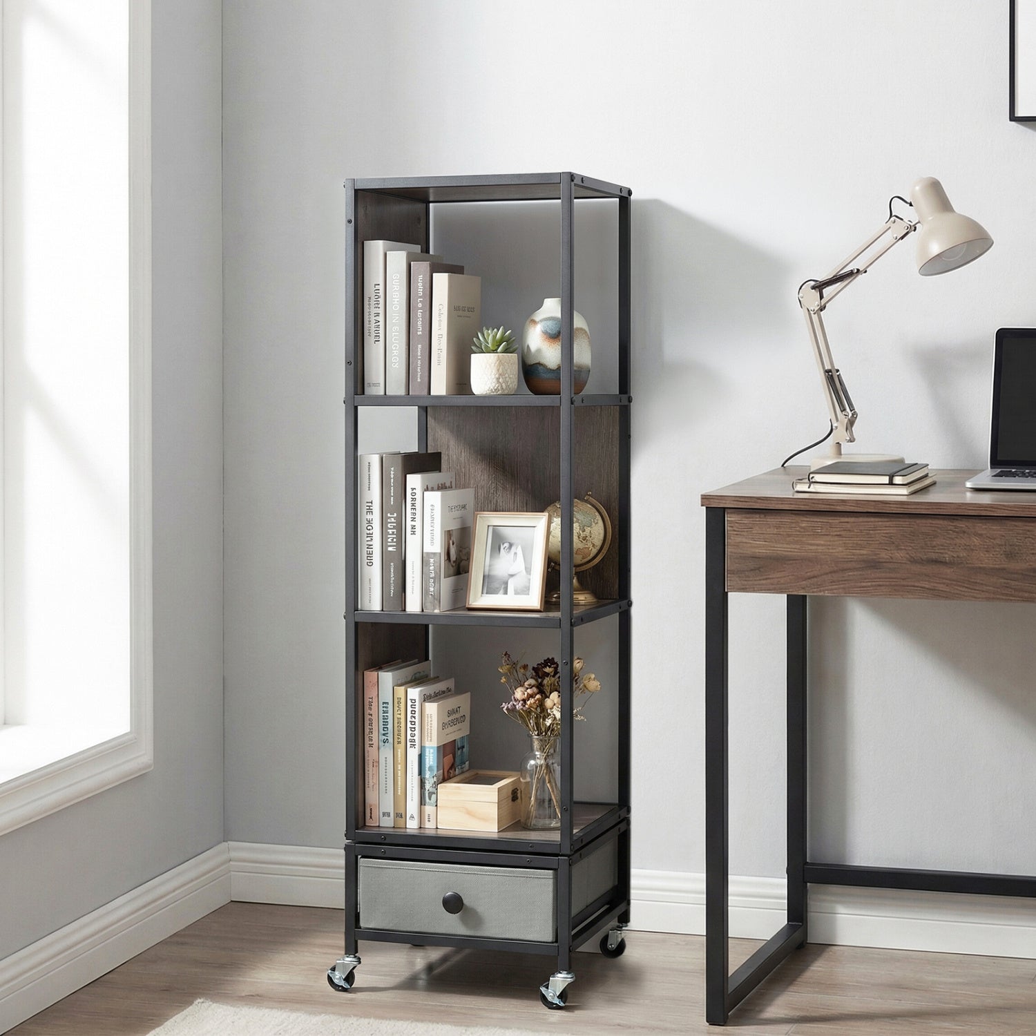 4-Tier Rotating Bookshelf on Wheels with Removable Drawer