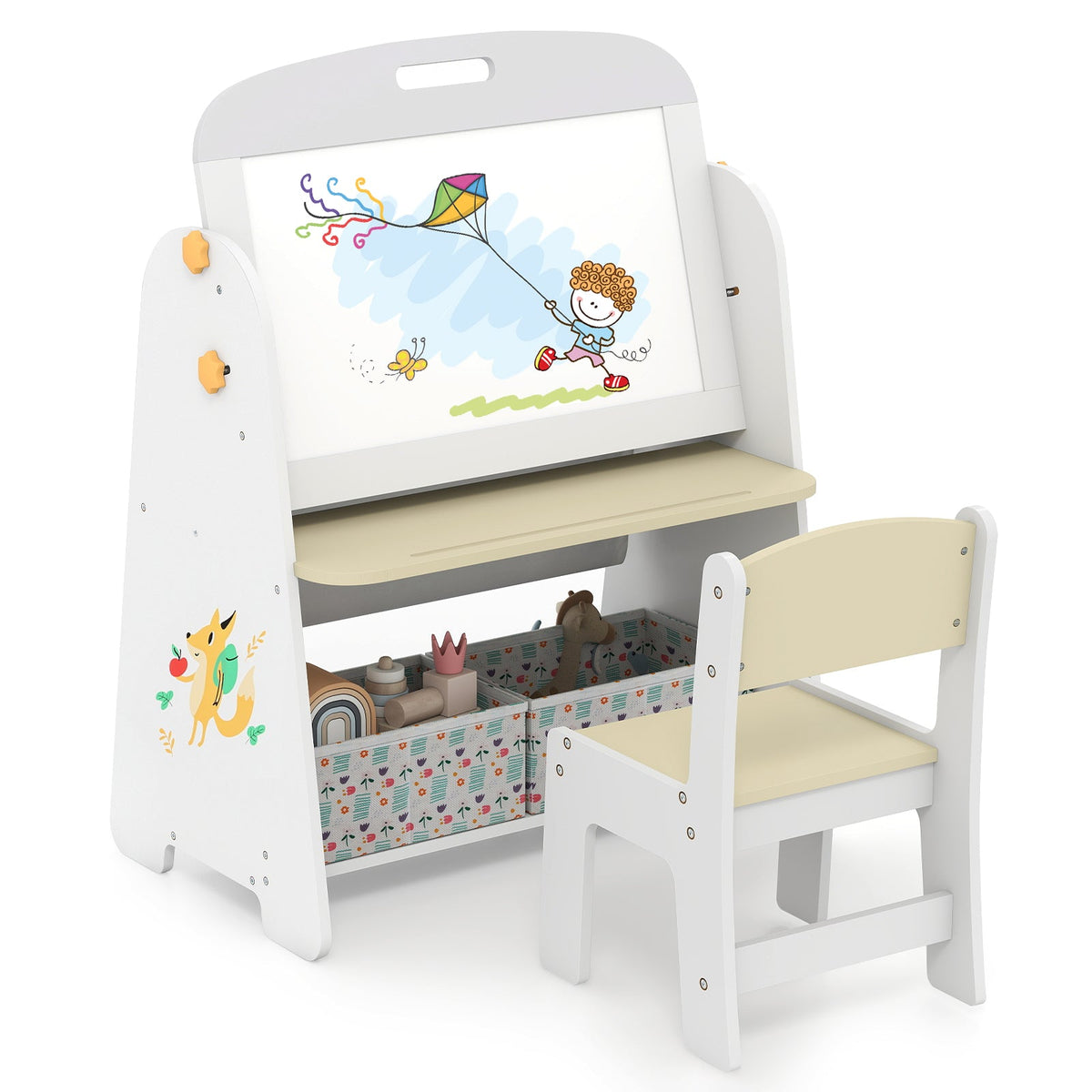 4-in-1 Kids Table and Chair Set Art Easel with Magnetic Whiteboard and Bookshelf-Natural