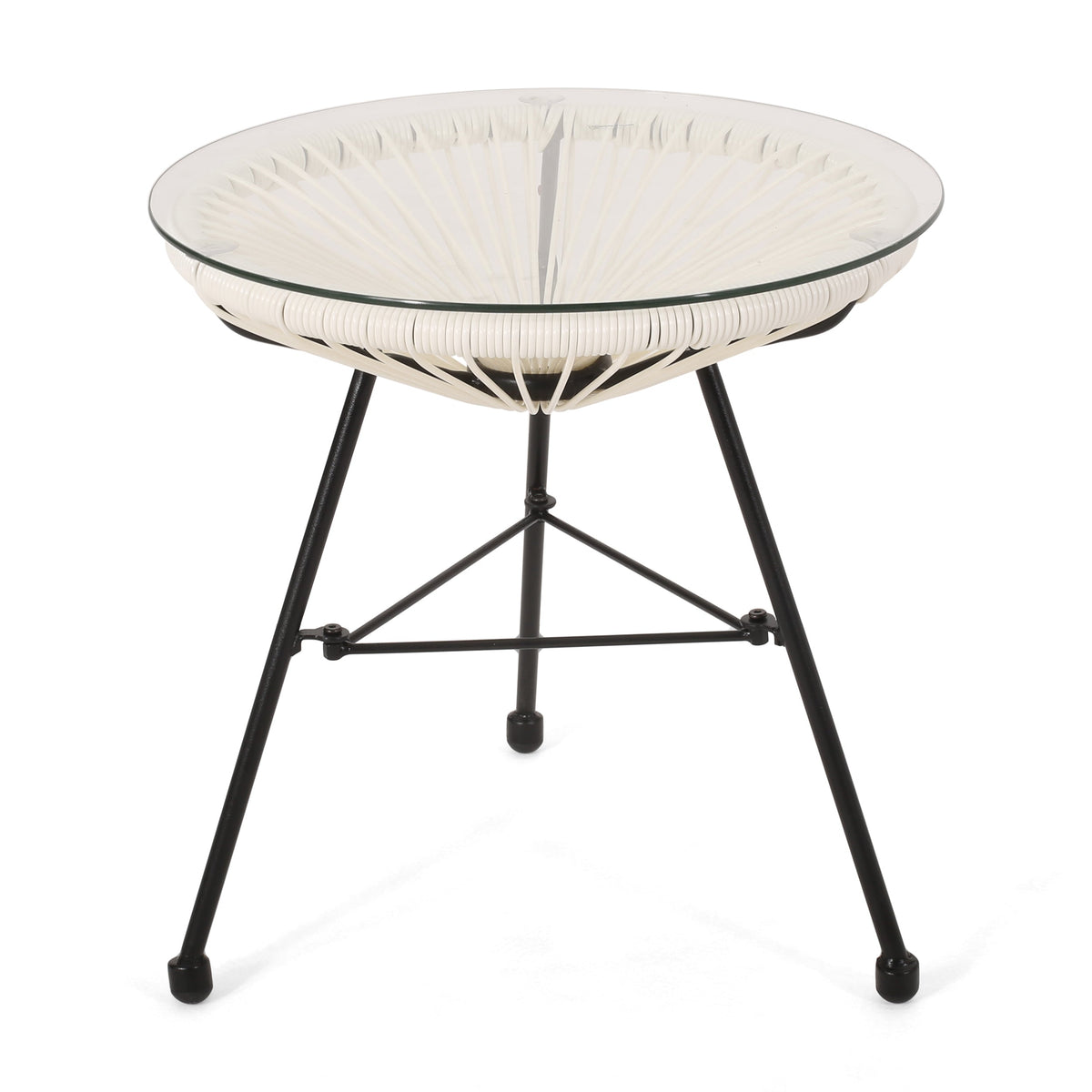 Modern NUSA Side Table with Tempered Glass Top and Polyethylene Rattan Base in White