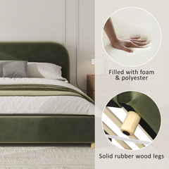 King Size Platform Bed with Velvet Fabric and Curved Headboard