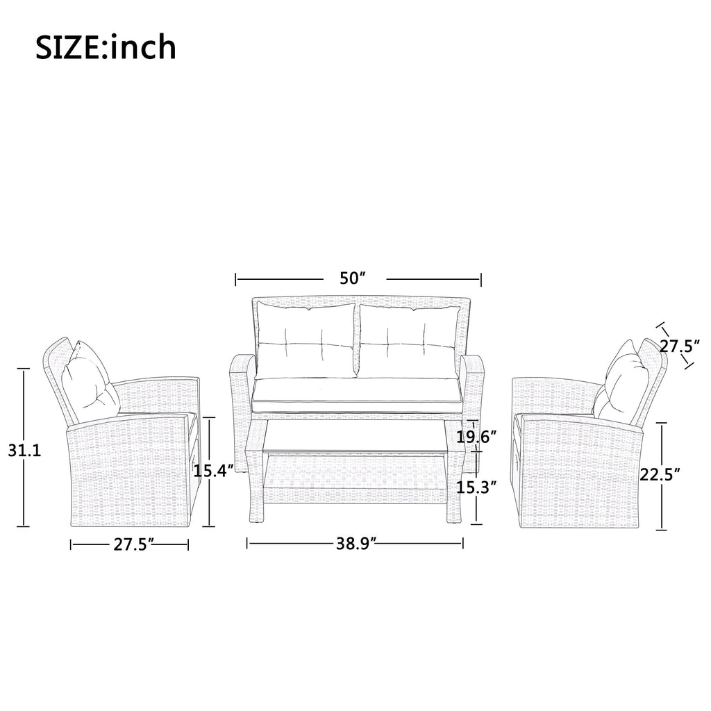 U-Style Patio Furniture 4 Piece Outdoor Wicker Sectional Sofa Set with Ottoman and Cushions