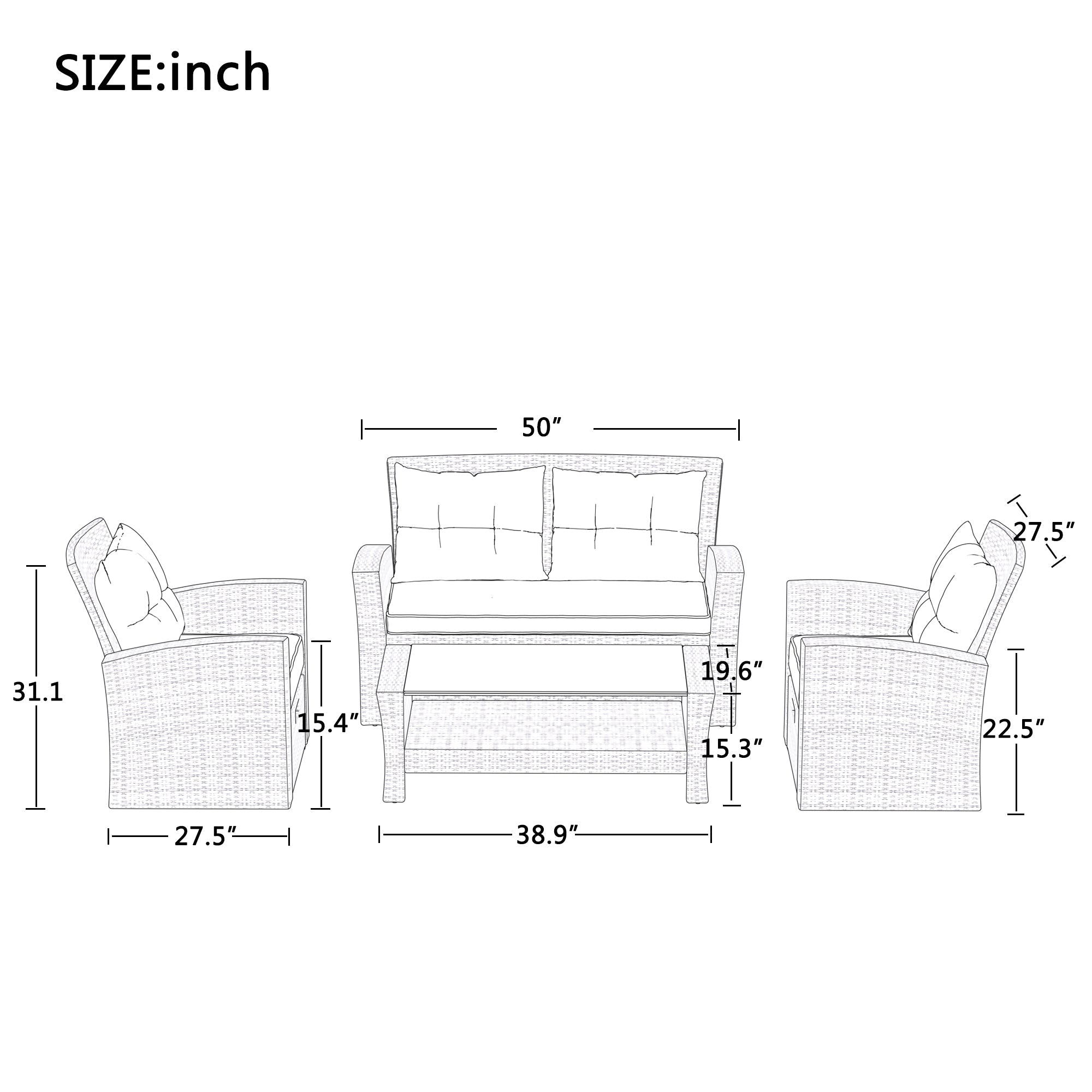 U-Style Patio Furniture 4 Piece Outdoor Wicker Sectional Sofa Set with Ottoman and Cushions