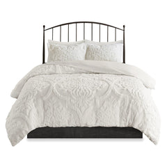 King/Cal King 3 Piece Tufted Cotton Chenille Damask Duvet Cover Set