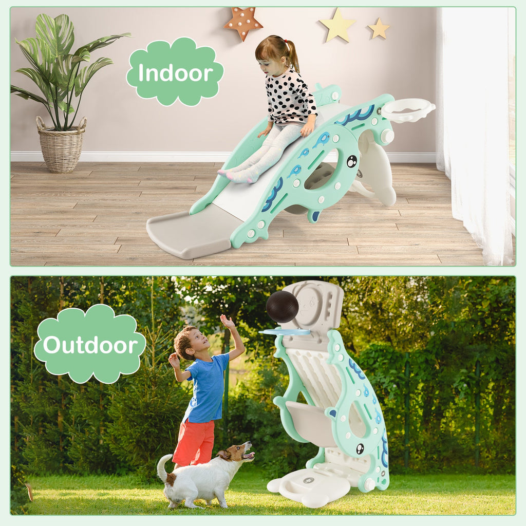 4-in-1 Kids Slide Rocking Horse with Basketball and Ring Toss-Green