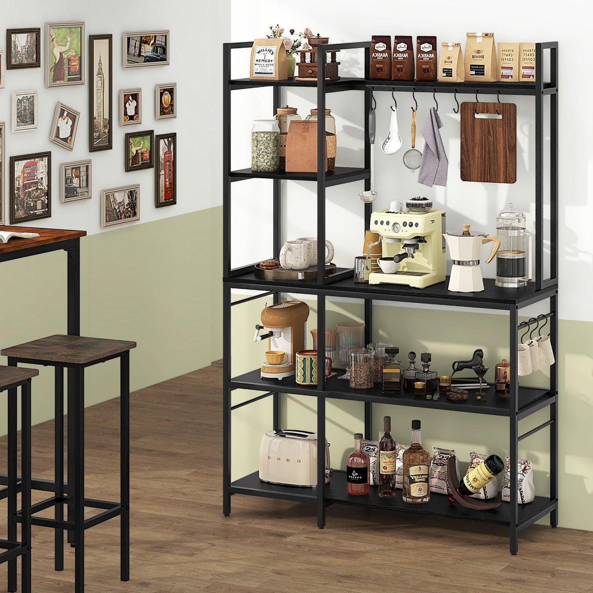 5-Tier Bakers Rack with Power Outlets and 10 S-Shaped Hooks-Black