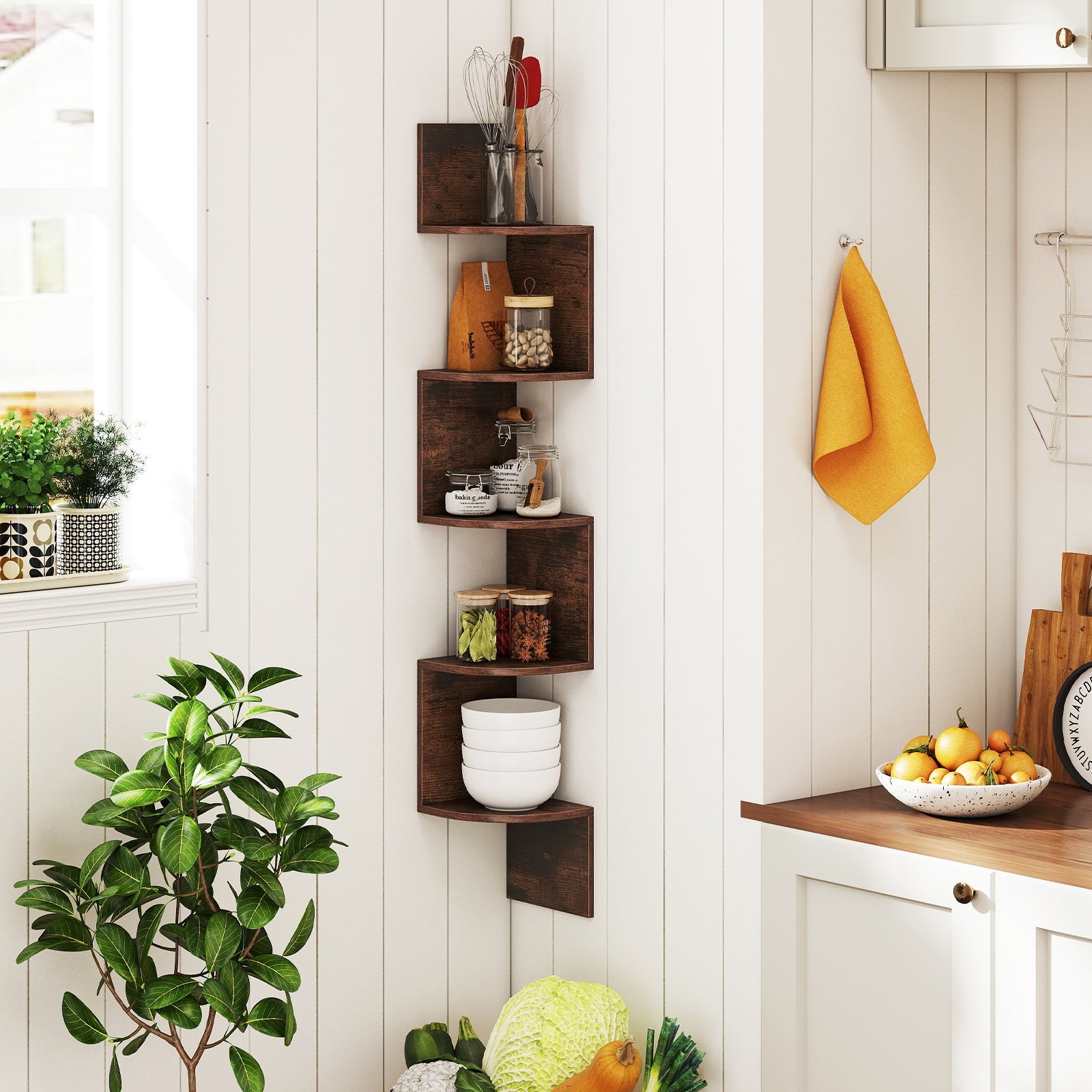 5-Tier Corner Shelf Floating Bookshelf Wall Mounted Storage Organizer-Rustic Brown